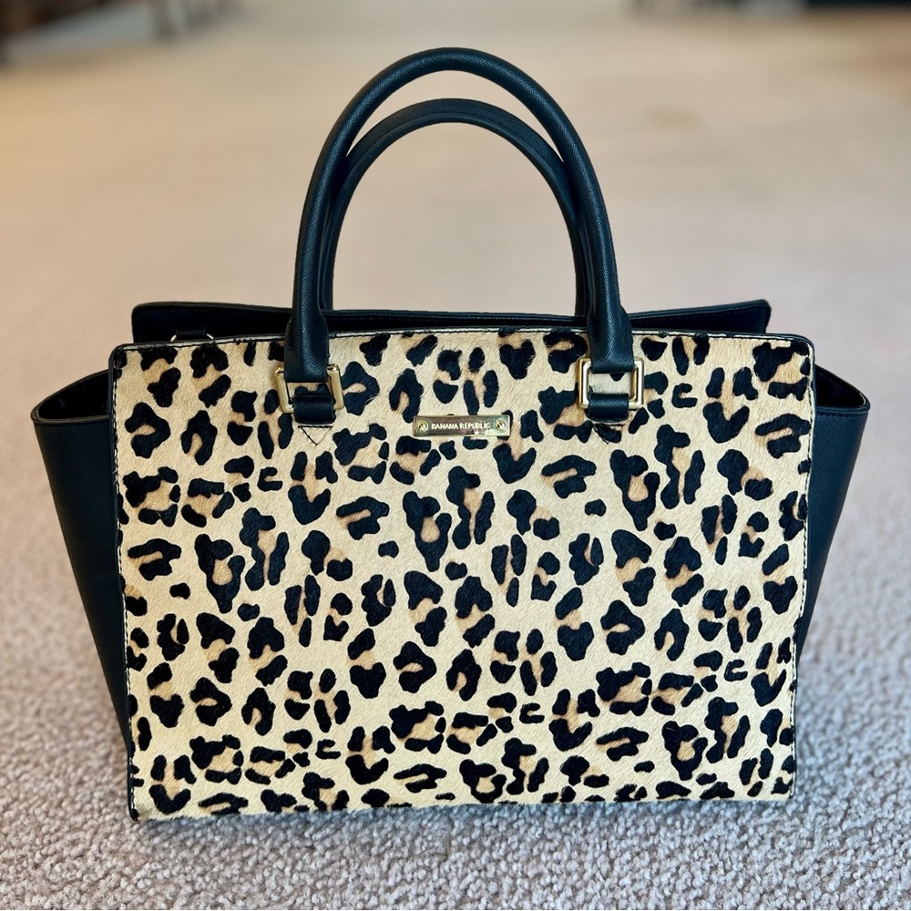 Calf Hair Leopard Print Satchel Tote w Cross Body Strap